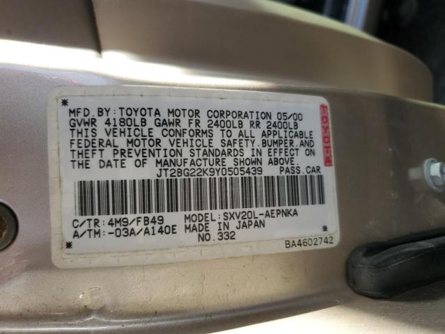 JT2BG22K9Y0505439 - 2000 TOYOTA CAMRY CE BEIGE photo 12