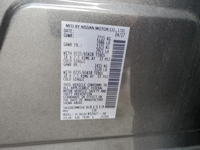 5N1DR2MM5HC681519 - 2017 NISSAN PATHFINDER S GRAY photo 13