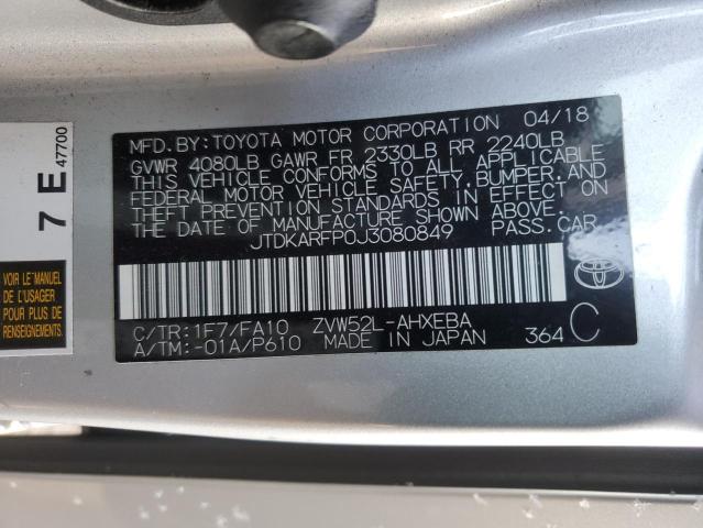 JTDKARFP0J3080849 - 2018 TOYOTA PRIUS PRIM 银色 照片 13