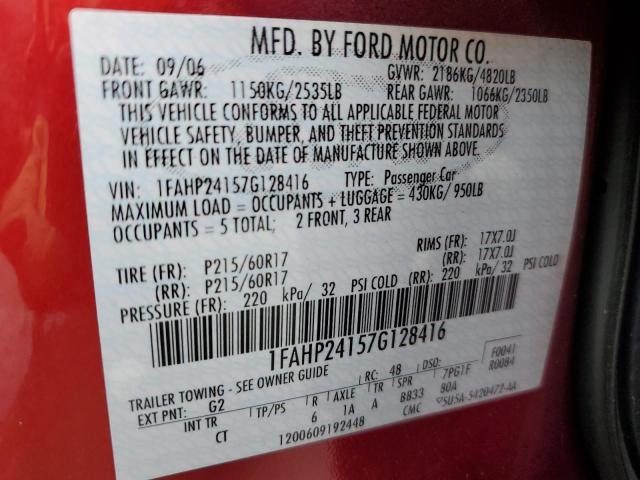 1FAHP24157G128416 - 2007 FORD FIVE HUNDR SEL RED photo 12