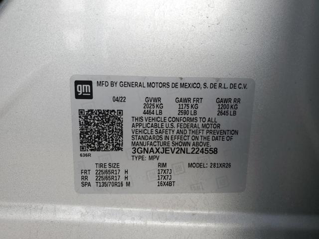 3GNAXJEV2NL224558 - 2022 CHEVROLET EQUINOX LT SILVER photo 12