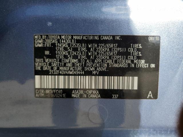 2T3ZF4DV4AW049444 - 2010 TOYOTA RAV4 BLUE photo 14