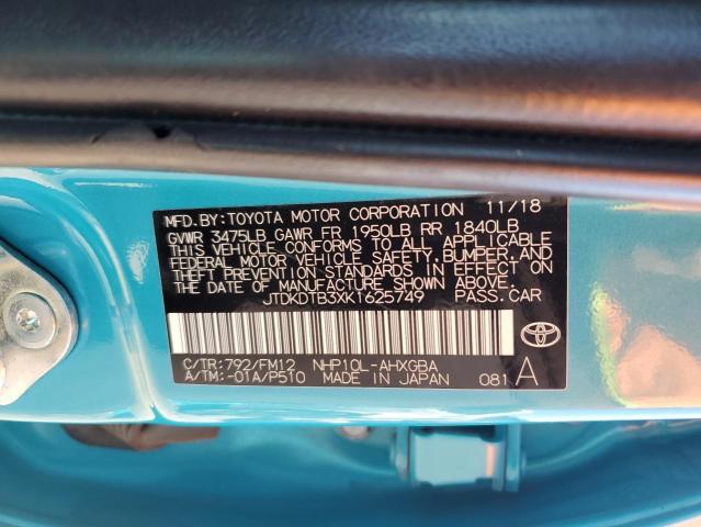 JTDKDTB3XK1625749 - 2019 TOYOTA PRIUS C TEAL photo 12