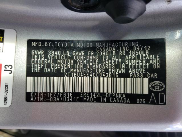 2T1BU4EE4CC843816 - 2012 TOYOTA COROLLA BASE SILVER photo 12