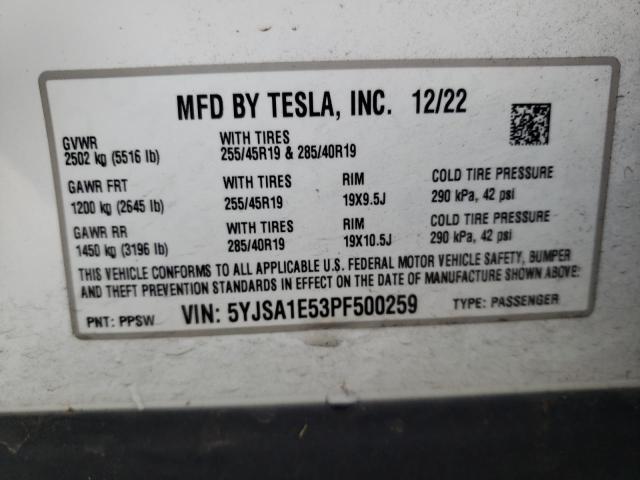 5YJSA1E53PF500259 - 2023 TESLA MODEL S WHITE photo 12