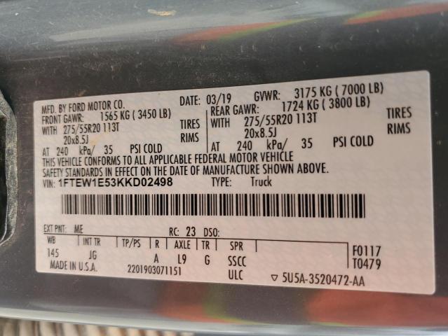 1FTEW1E53KKD02498 - 2019 FORD F150 SUPERCREW GRAY photo 12