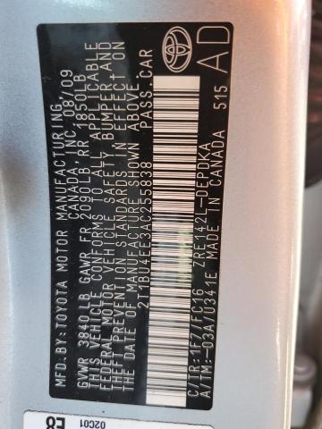 2T1BU4EE3AC255838 - 2010 TOYOTA COROLLA BASE SILVER photo 12