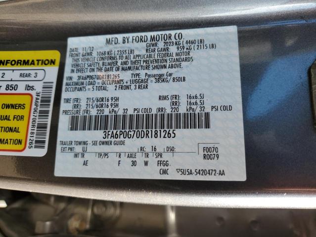 3FA6P0G70DR181265 - 2013 FORD FUSION S GRAY photo 12