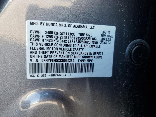 5FNYF8H5XKB020289 - 2019 HONDA PASSPORT EXL GRAY photo 13
