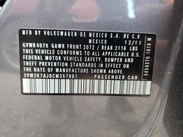 3VW2K7AJ8CM357881 - 2012 VOLKSWAGEN JETTA BASE 灰色 照片 12