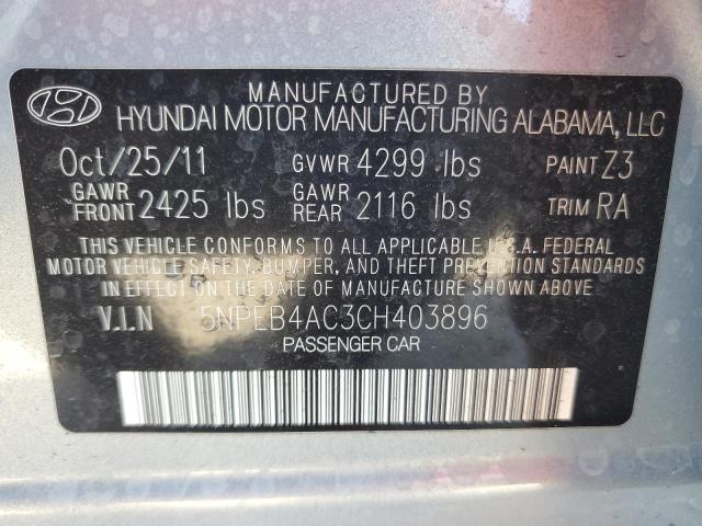 5NPEB4AC3CH403896 - 2012 HYUNDAI SONATA GLS SILVER photo 12