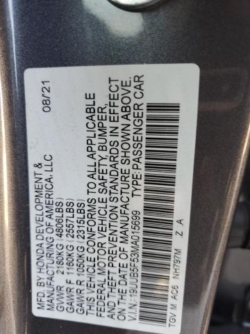 19UUB5F53MA015699 - 2021 ACURA TLX TECH A GRAY photo 12