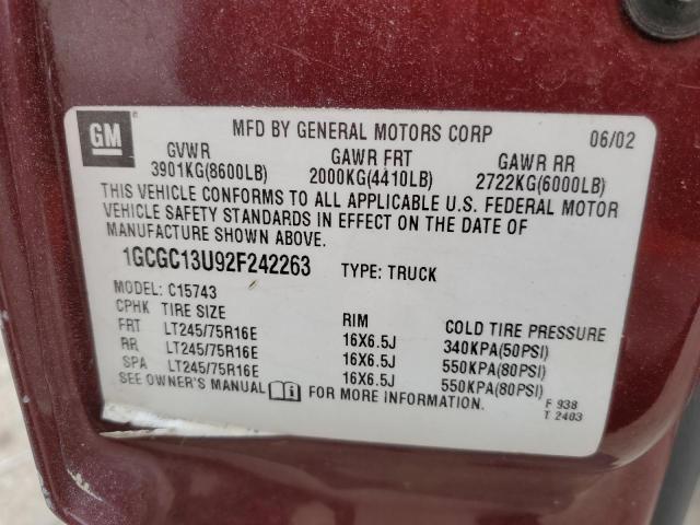 1GCGC13U92F242263 - 2002 CHEVROLET SILVERADO C1500 HEAVY DUTY BURGUNDY photo 12