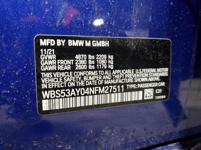 WBS53AY04NFM27511 - 2022 BMW M3 BLUE photo 12