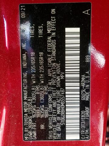 5TDGZRBH0MS557487 - 2021 TOYOTA HIGHLANDER XLE 红色 照片 13