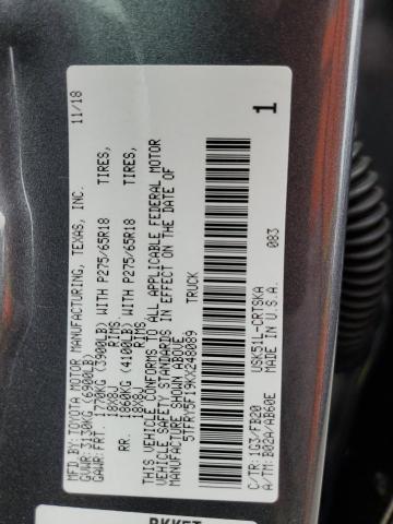 5TFRY5F19KX248089 - 2019 TOYOTA TUNDRA DOUBLE CAB SR/SR5 GRAY photo 12