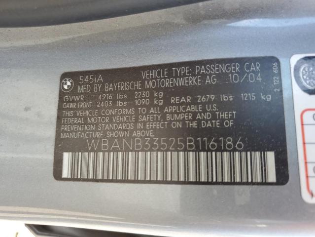 WBANB33525B116186 - 2005 BMW 545 I SILVER photo 12