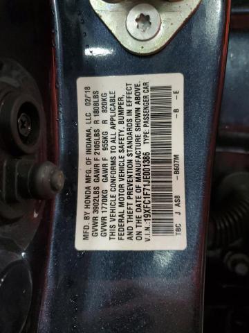19XFC1F71JE001386 - 2018 HONDA CIVIC EXL ლურჯი ფოტო 12