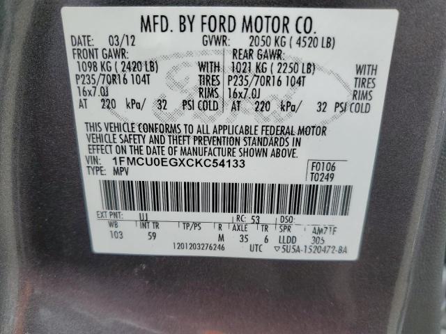 1FMCU0EGXCKC54133 - 2012 FORD ESCAPE LIMITED GRAY photo 13