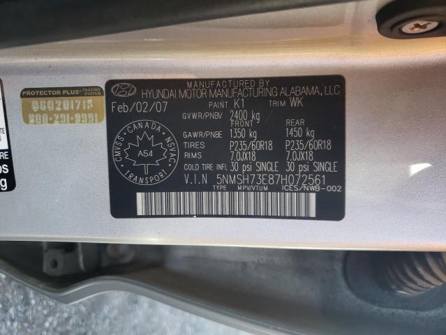 5NMSH73E87H072561 - 2007 HYUNDAI SANTA FE SE SILVER photo 13