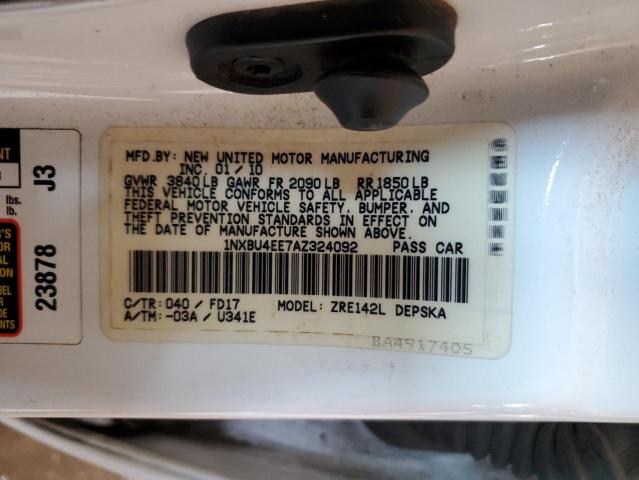 1NXBU4EE7AZ324092 - 2010 TOYOTA COROLLA BASE WHITE photo 12