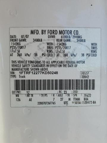 1FTRF12277KD50248 - 2007 FORD F150 WHITE photo 12