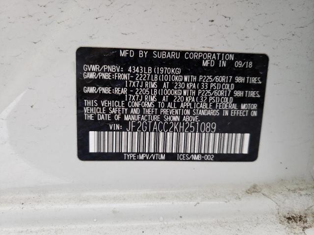 JF2GTACC2KH251089 - 2019 SUBARU CROSSTREK PREMIUM 白色 照片 13