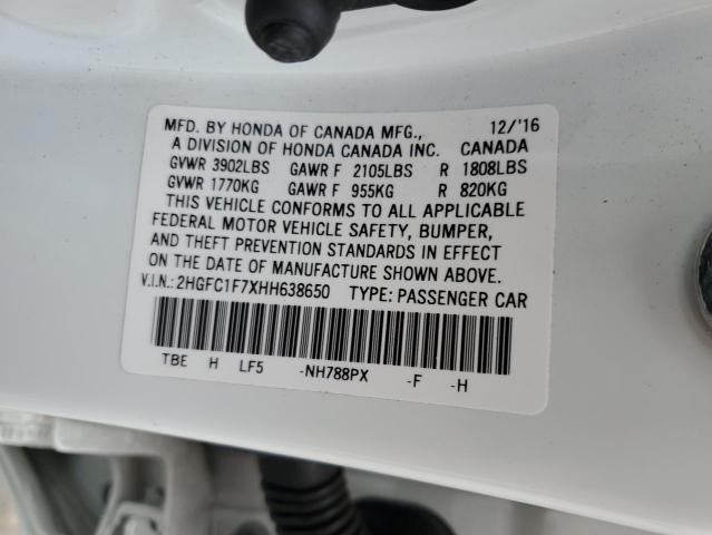 2HGFC1F7XHH638650 - 2017 HONDA CIVIC EXL თეთრი ფოტო 12