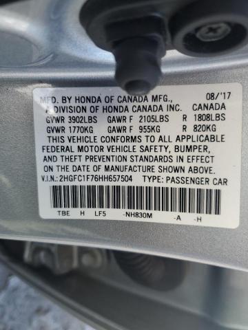 2HGFC1F76HH657504 - 2017 HONDA CIVIC EXL ვერცხლისფერი ფოტო 12