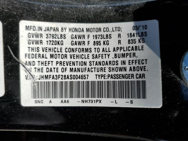 JHMFA3F28AS004657 - 2010 HONDA CIVIC HYBRID BLACK photo 12