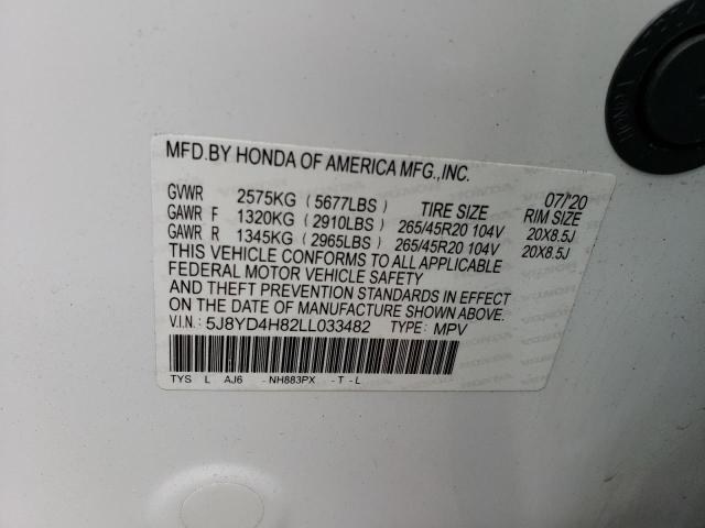 5J8YD4H82LL033482 - 2020 ACURA MDX ADVANCE WHITE photo 12