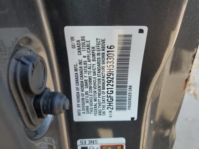 2HGFG12929H533016 - 2009 HONDA CIVIC EXL ნაცრისფერი ფოტო 12