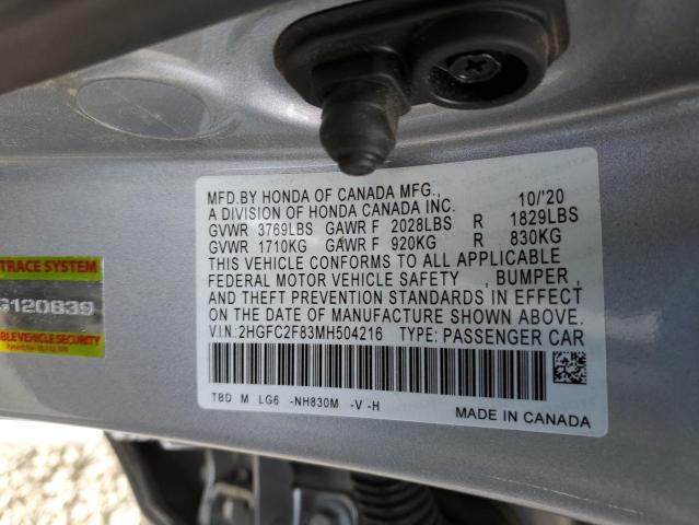 2HGFC2F83MH504216 - 2021 HONDA CIVIC SPORT 银色 照片 12