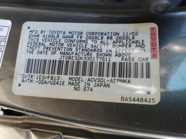 JTDBE32K330177611 - 2003 TOYOTA CAMRY LE CHARCOAL photo 12