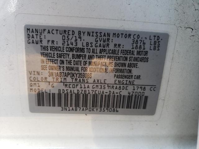 3N1AB7AP0KY359086 - 2019 NISSAN SENTRA S WHITE photo 13