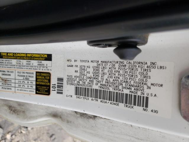 5TENX22N09Z615182 - 2009 TOYOTA TACOMA WHITE photo 12