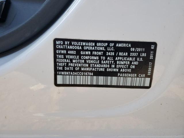1VWBN7A34CC016794 - 2012 VOLKSWAGEN PASSAT SE WHITE photo 12