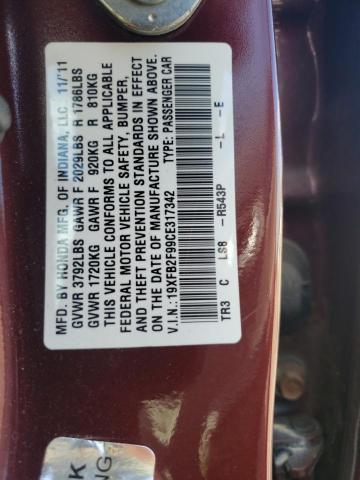 19XFB2F99CE317342 - 2012 HONDA CIVIC EXL BURGUNDY photo 12