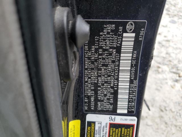 4T4BF1FKXCR187557 - 2012 TOYOTA CAMRY BASE 黑色 照片 12