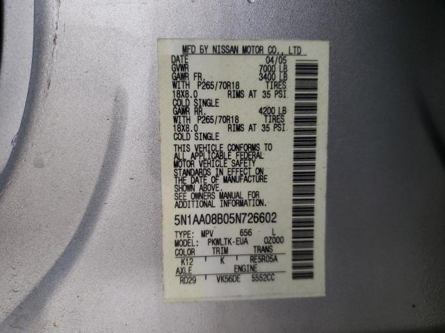 5N1AA08B05N726602 - 2005 NISSAN ARMADA SE SILVER photo 12