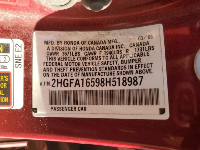 2HGFA16598H518987 - 2008 HONDA CIVIC LX BURGUNDY photo 12