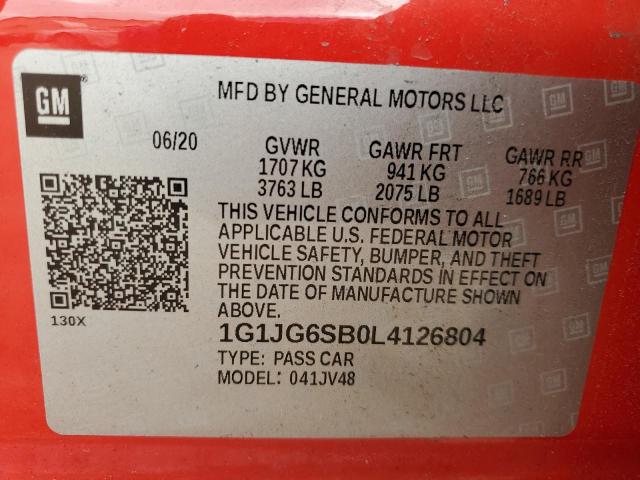 1G1JG6SB0L4126804 - 2020 CHEVROLET SONIC RED photo 12