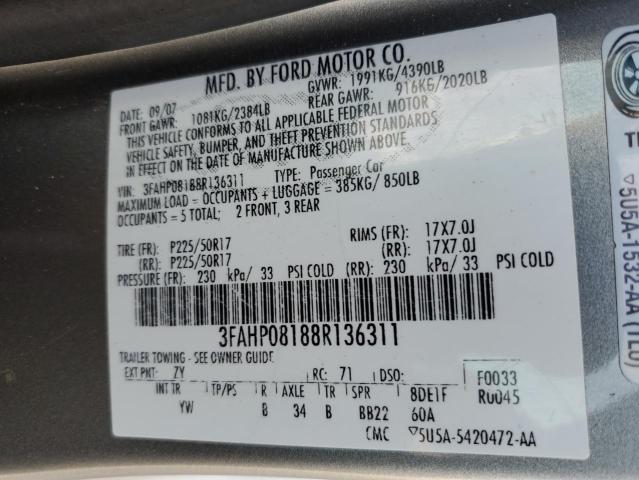 3FAHP08188R136311 - 2008 FORD FUSION SEL GRAY photo 12