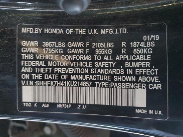 SHHFK7H41KU214857 - 2019 HONDA CIVIC SPORT 黑色 照片 12