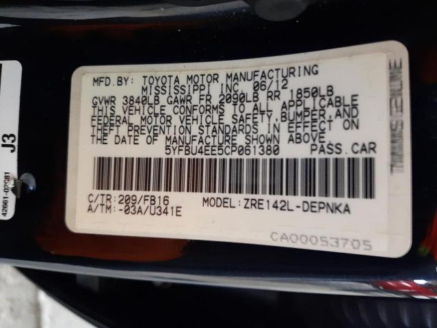 5YFBU4EE5CP061380 - 2012 TOYOTA COROLLA BASE 黑色 照片 12