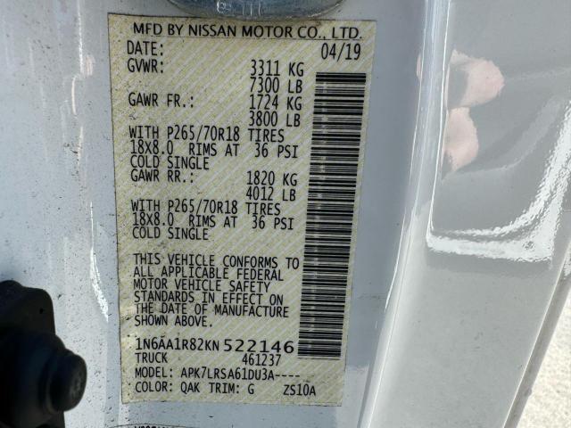 1N6AA1R82KN522146 - 2019 NISSAN TITAN S WHITE photo 10