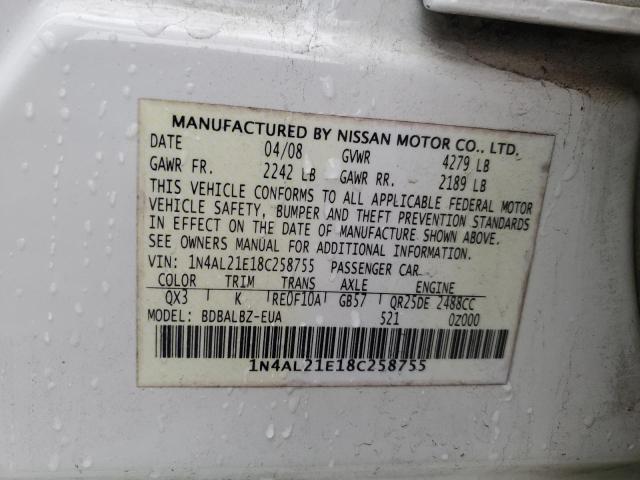 1N4AL21E18C258755 - 2008 NISSAN ALTIMA 2.5 WHITE photo 12