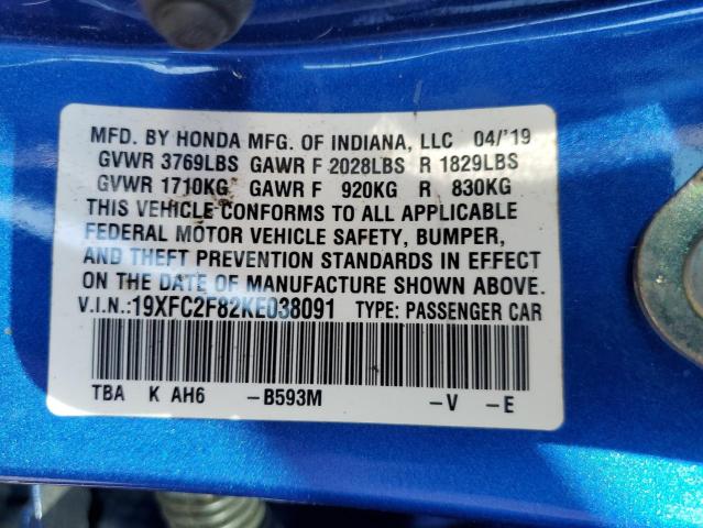 19XFC2F82KE038091 - 2019 HONDA CIVIC SPORT BLUE photo 13