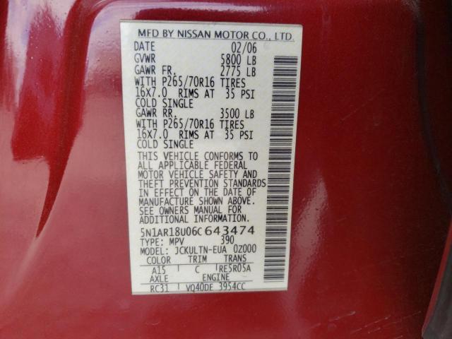 5N1AR18U06C643474 - 2006 NISSAN PATHFINDER LE ბურგუნდია ფოტო 12