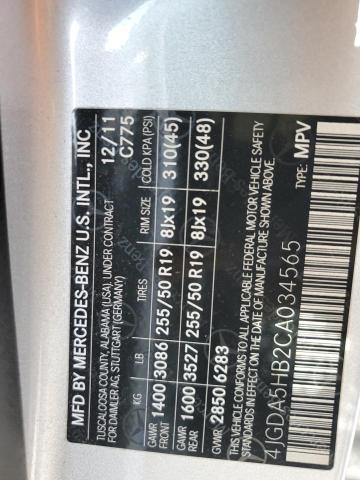 4JGDA5HB2CA034565 - 2012 MERCEDES-BENZ ML 350 4MATIC SILVER photo 12